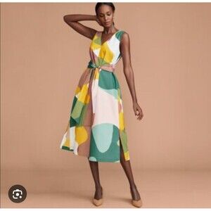 Ann Taylor Factory Dress Womens XL Multicolor Tie Waist Sleeveless Midi A-Line